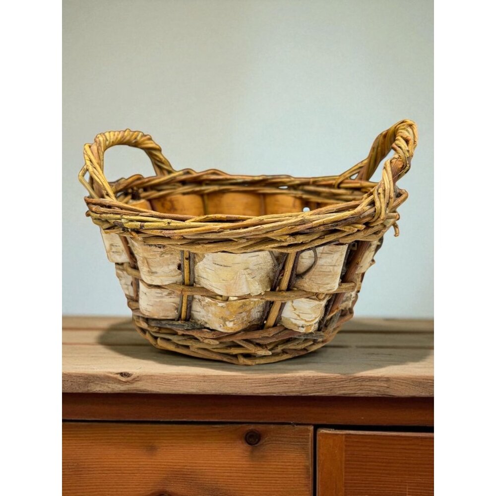 Vintage Birch Bark Double Handle Woven Basket 8"x6"